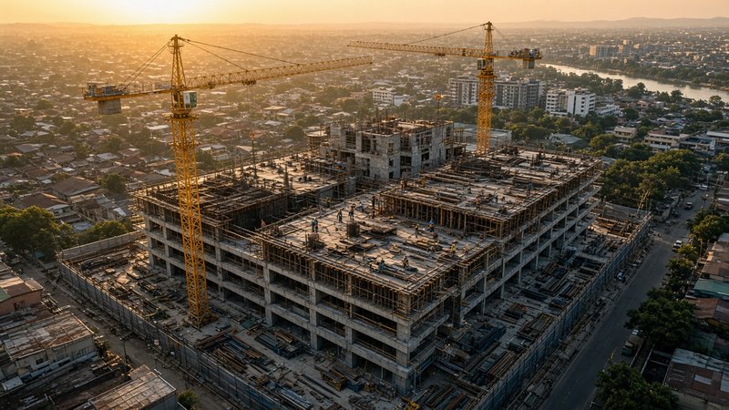 Active mid-rise construction site mid-pour at golden hour, cranes overhead