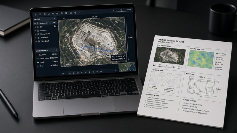 Annotated aerial survey report and orthomosaic map laid out next to a laptop