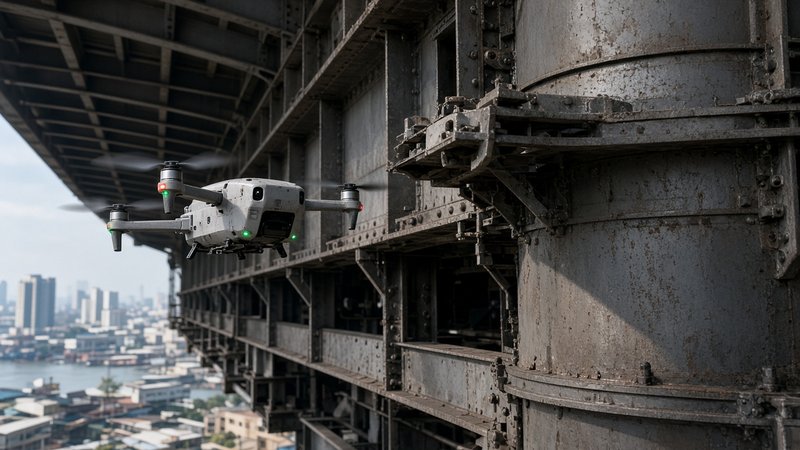 Drone close to a bridge's structural steel for a close-range inspection pass