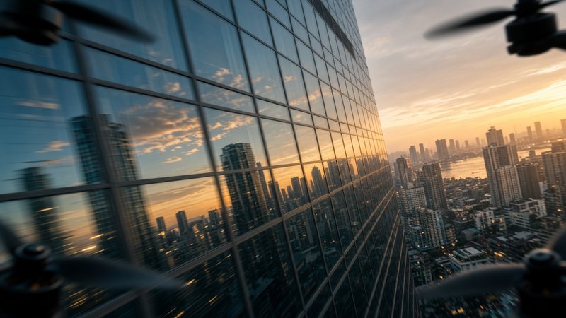 FPV drone banking past a glass tower facade at speed, reflections streaking past the props