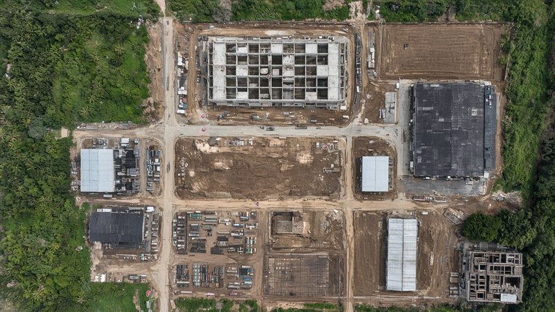 Top-down orthomosaic survey map of an active construction site