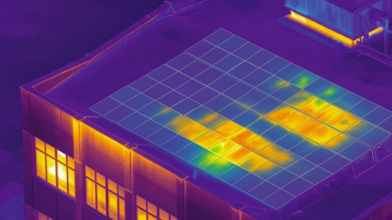 Radiometric thermal frame of a rooftop solar array showing heat variance across panels