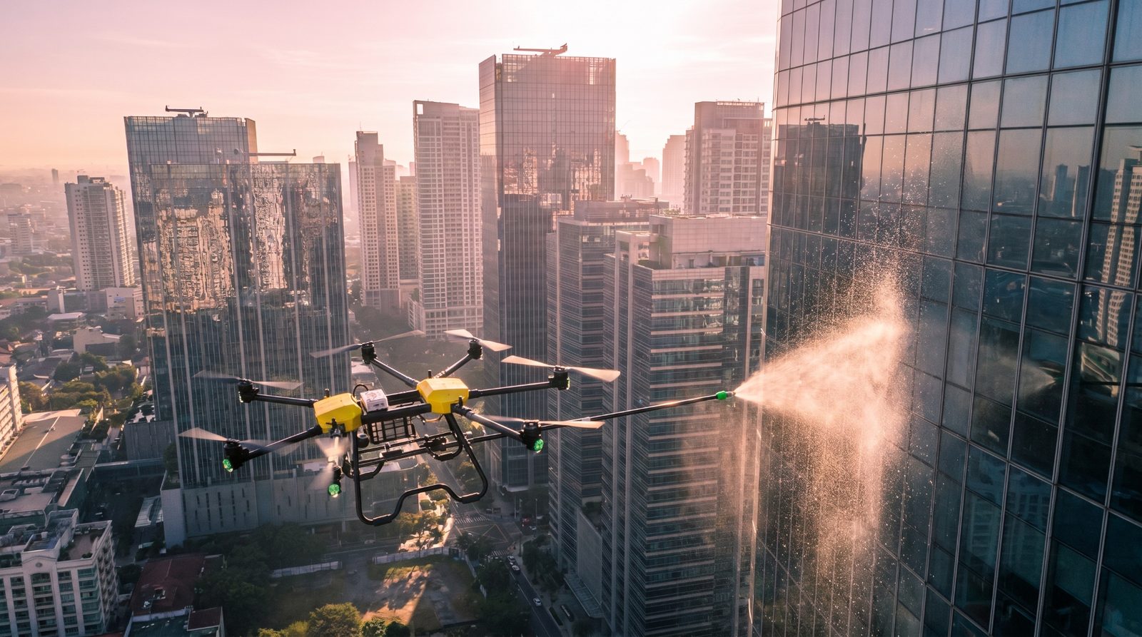 Skyline Drones hexacopter spraying a Manila glass tower with the city skyline behind it