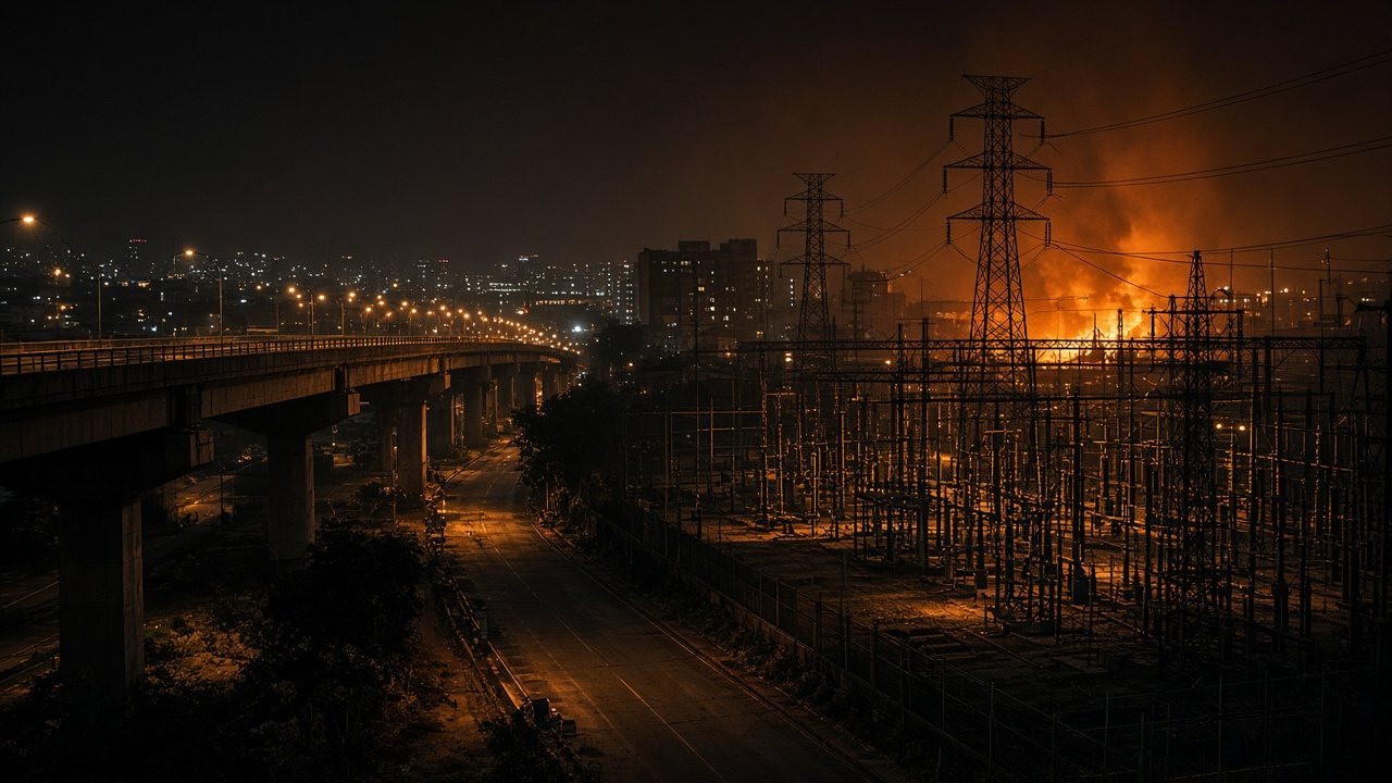 Bridge and power infrastructure fire at night