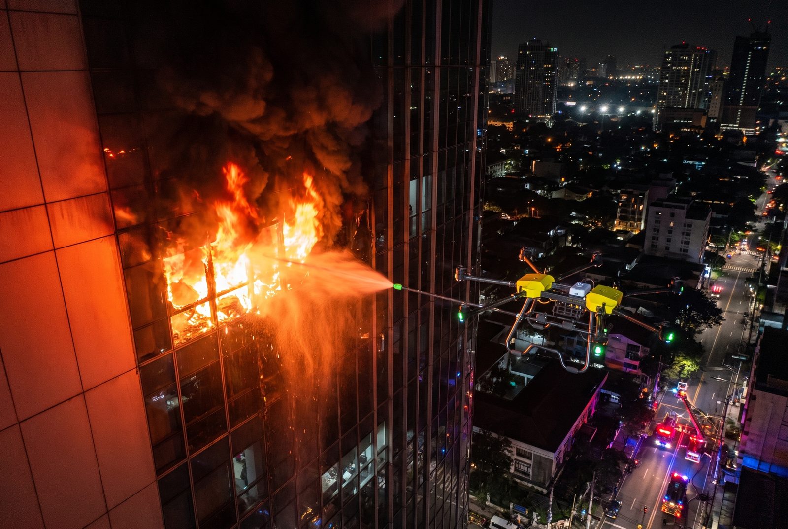 Skyline aerial firefighting drone deploying suppression on a high-rise fire