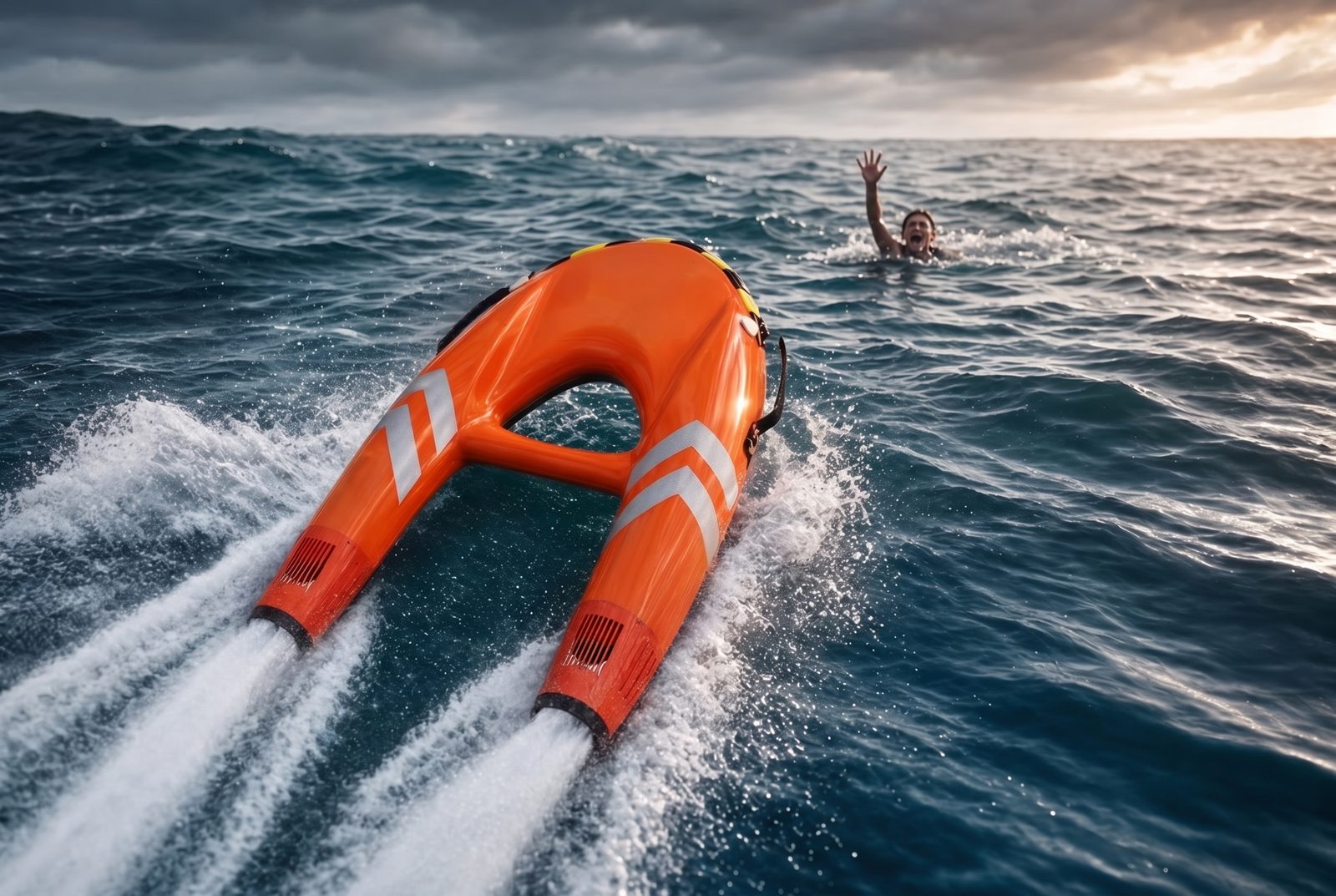 Remote water rescue drone sprinting across the sea toward a distressed swimmer