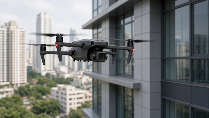 Inspection drone in flight beside a city tower