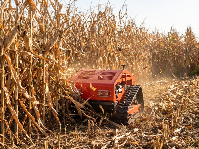 Remote-control mower powering through dense, dry standing cornstalks