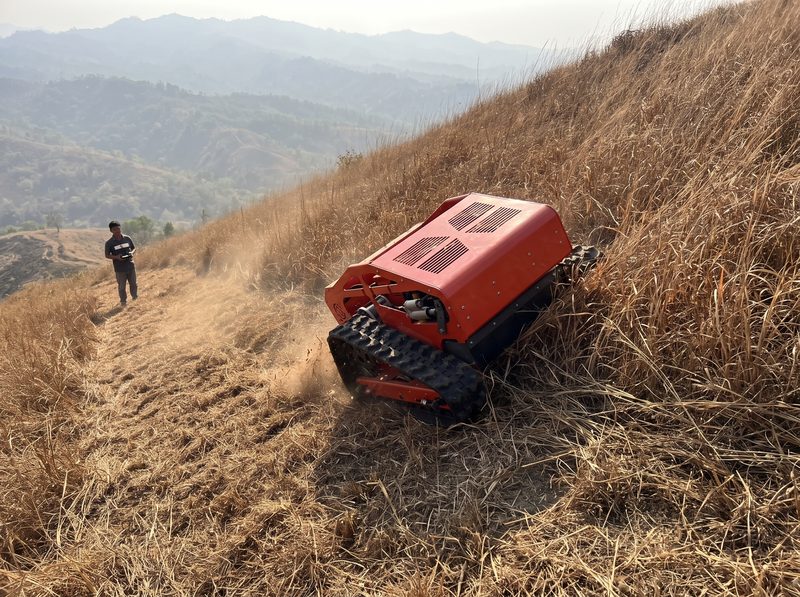 Remote-control mower holding a steep, dry hillside slope