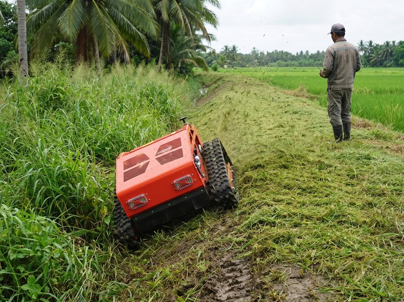 Remote-control mower cutting tall weeds along a sloped embankment