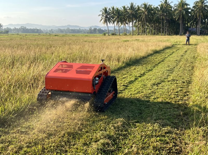 Remote-control mower cutting through a flat, open field of tall growth