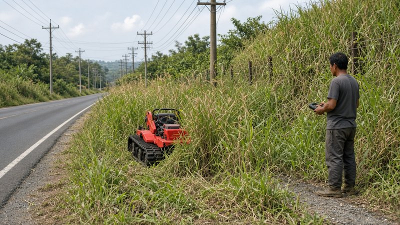 Remote-control mower cutting tall roadside growth along a utility corridor
