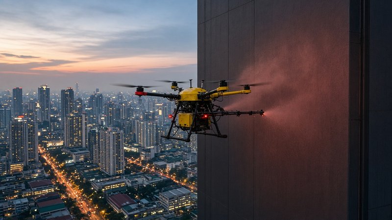 Painting drone spraying coating at height on a high-rise facade at dusk