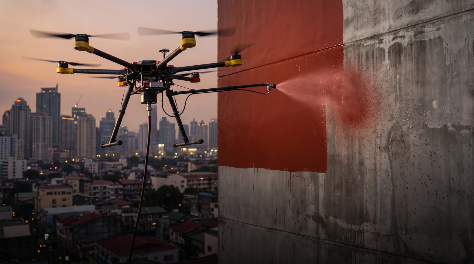 Drone spraying terracotta paint mist across a half-painted building facade