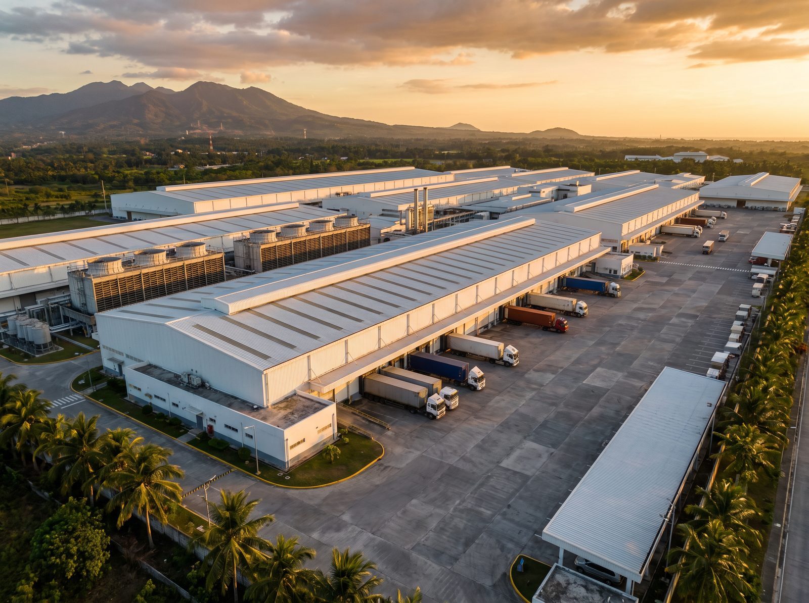 Aerial view of a manufacturing plant with trucks at the loading docks