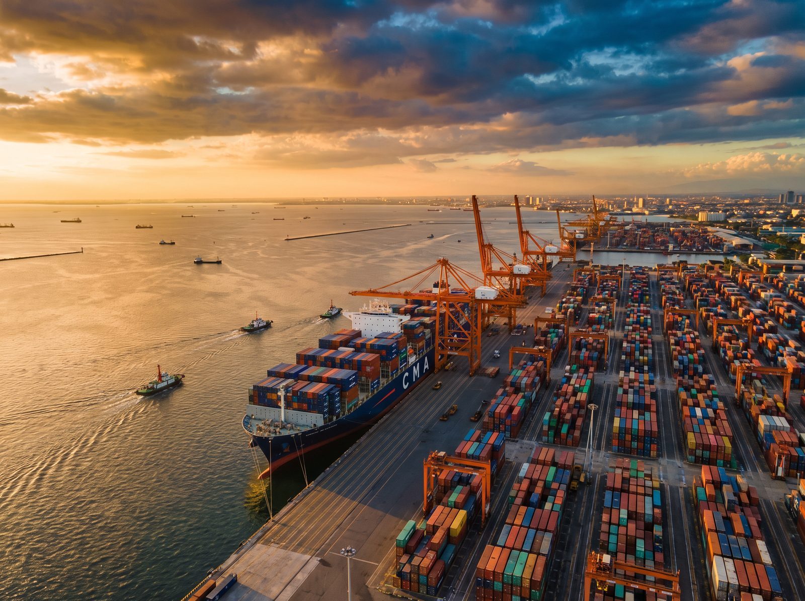 Container ship being loaded by cranes at a busy Philippine shipping port