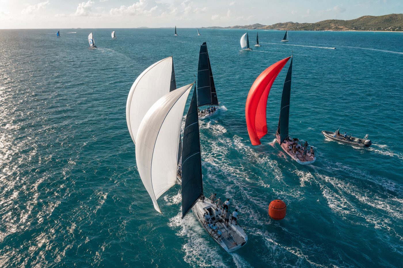Open-water sailing regatta with safety boats nearby