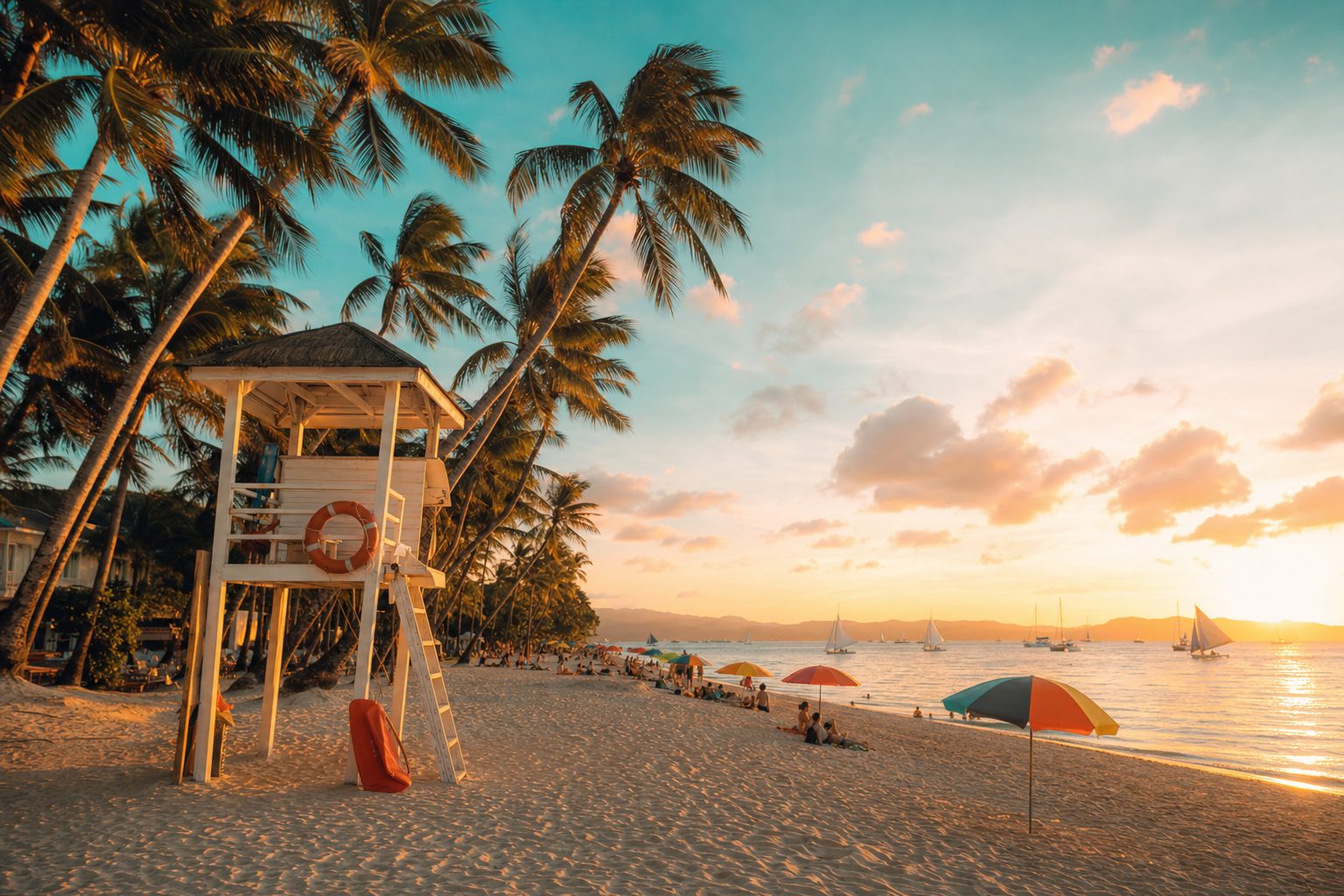 Tropical beach resort with lifeguard station