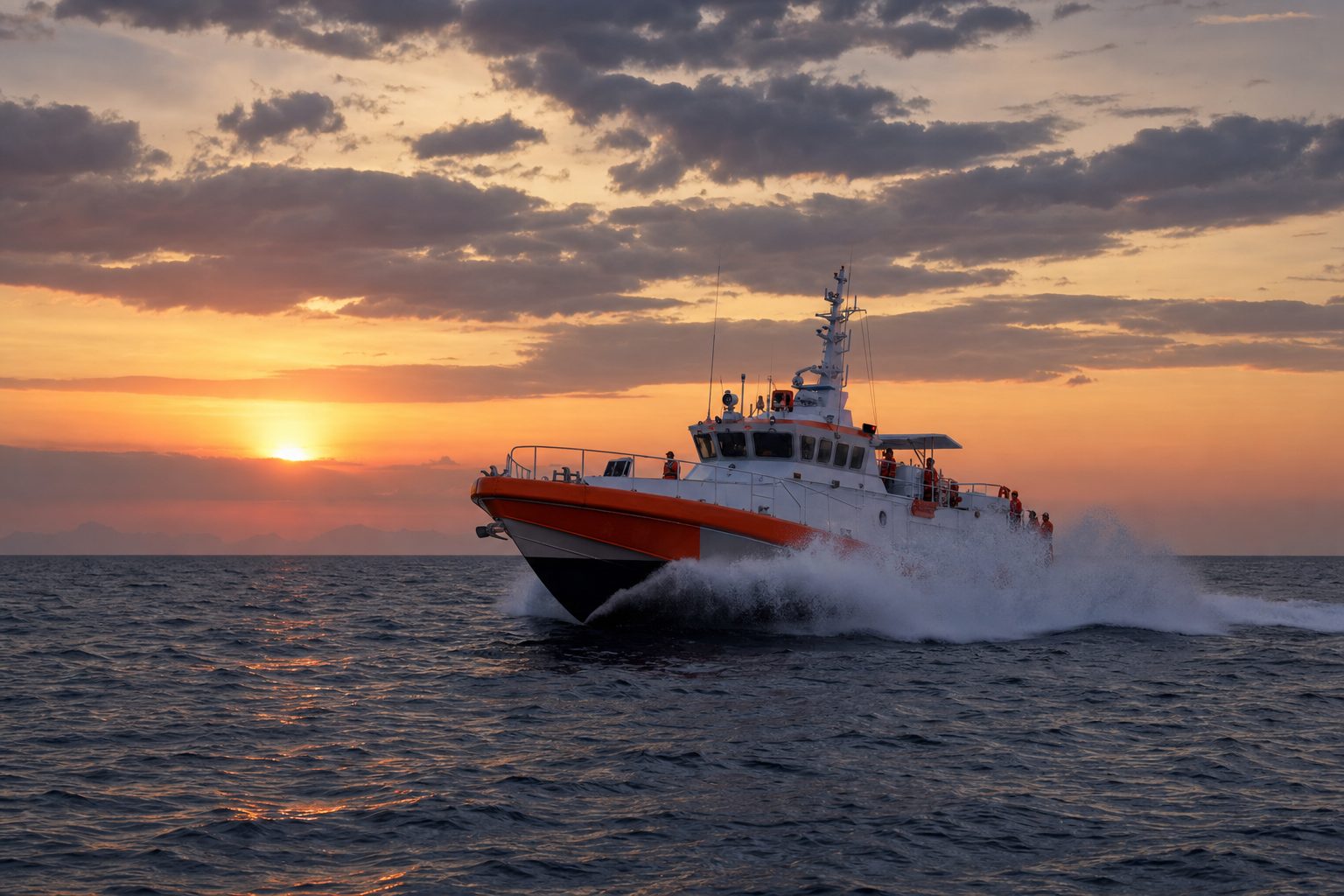 Coast Guard patrol boat at dusk