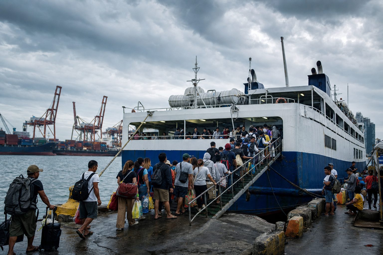 Philippine ferry terminal with passengers boarding