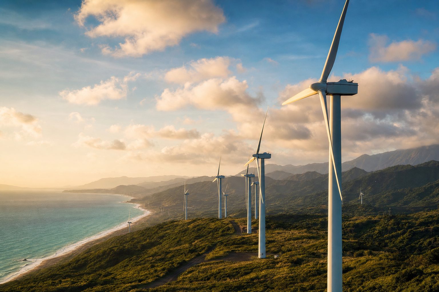 Row of wind turbines along a coastal ridge in the Philippines