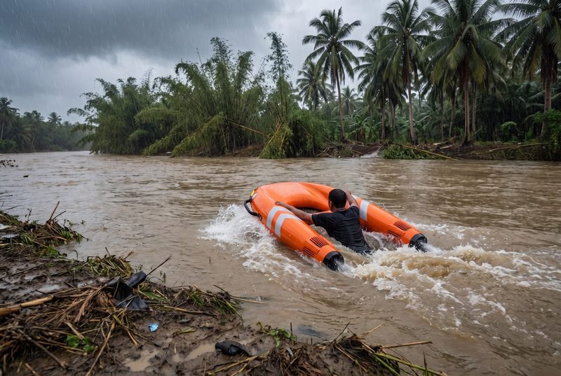 Rescue unit towing a swimmer through floodwater