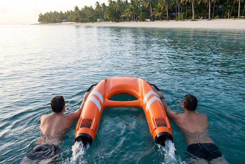 Rescue unit towing a swimmer toward the beach