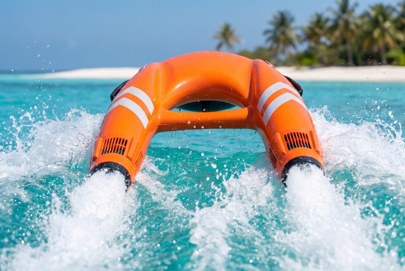 Rescue unit sprinting head-on toward a swimmer