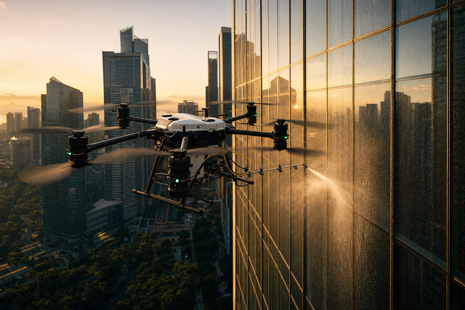 Skyline drone cleaning a Manila high-rise glass facade at golden hour