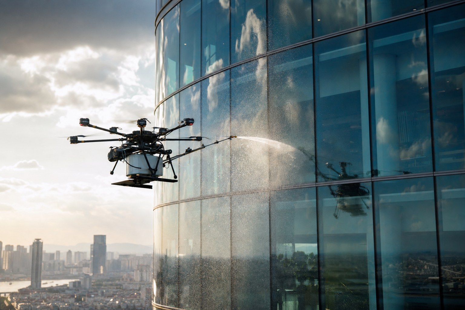 Facade cleaning drone above a Manila high-rise