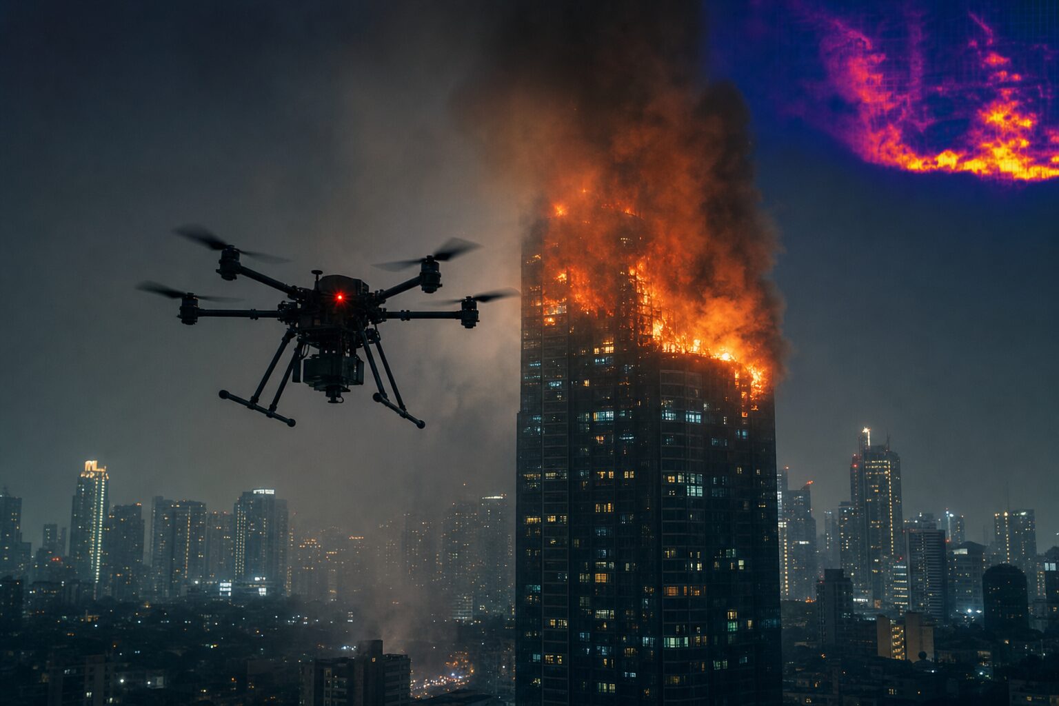 Industrial firefighting drone hovering above a Metro Manila high-rise fire at night
