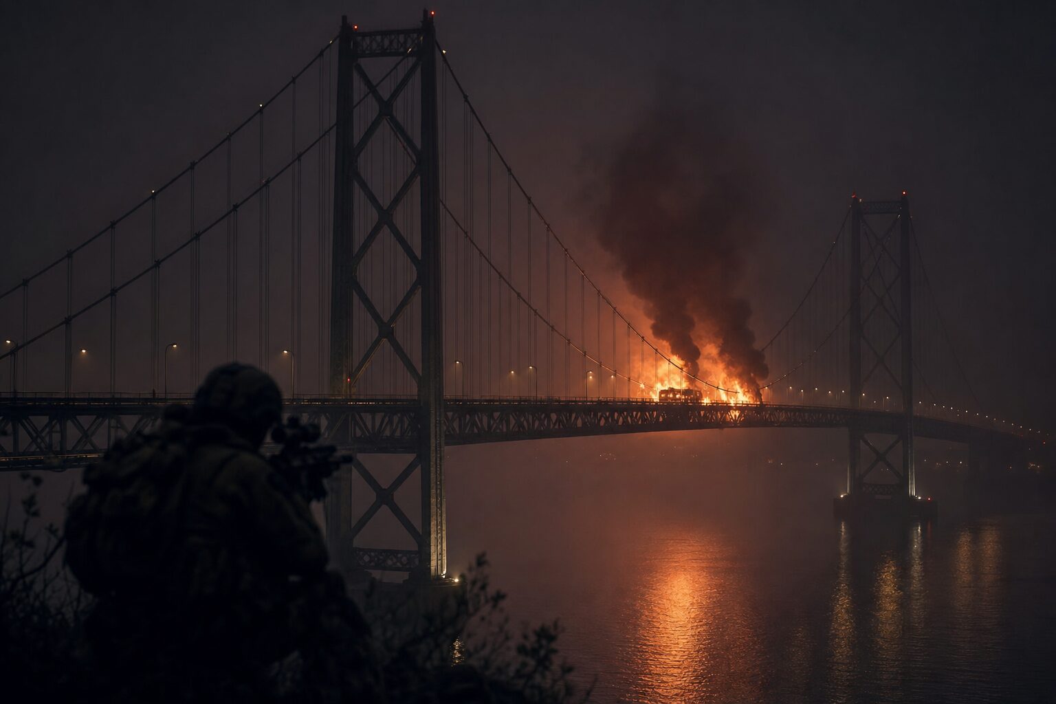 Bridge fire at night