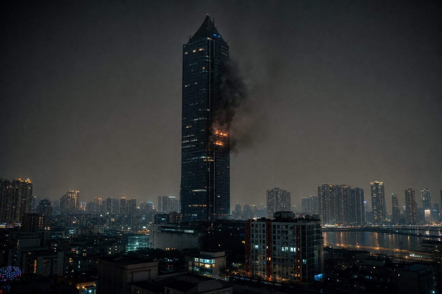 High-rise tower fire at night