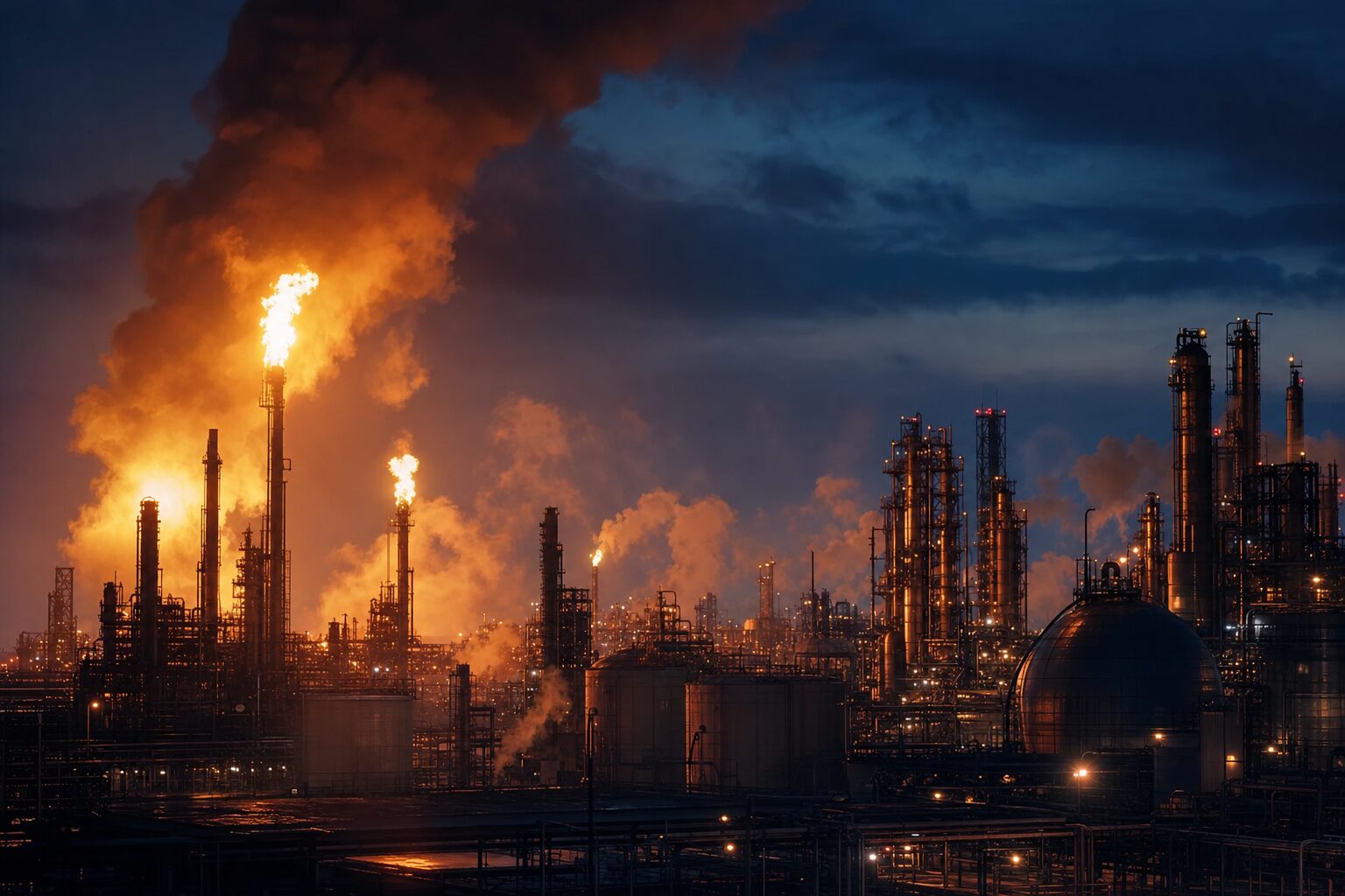 Petrochemical refinery with flare stacks