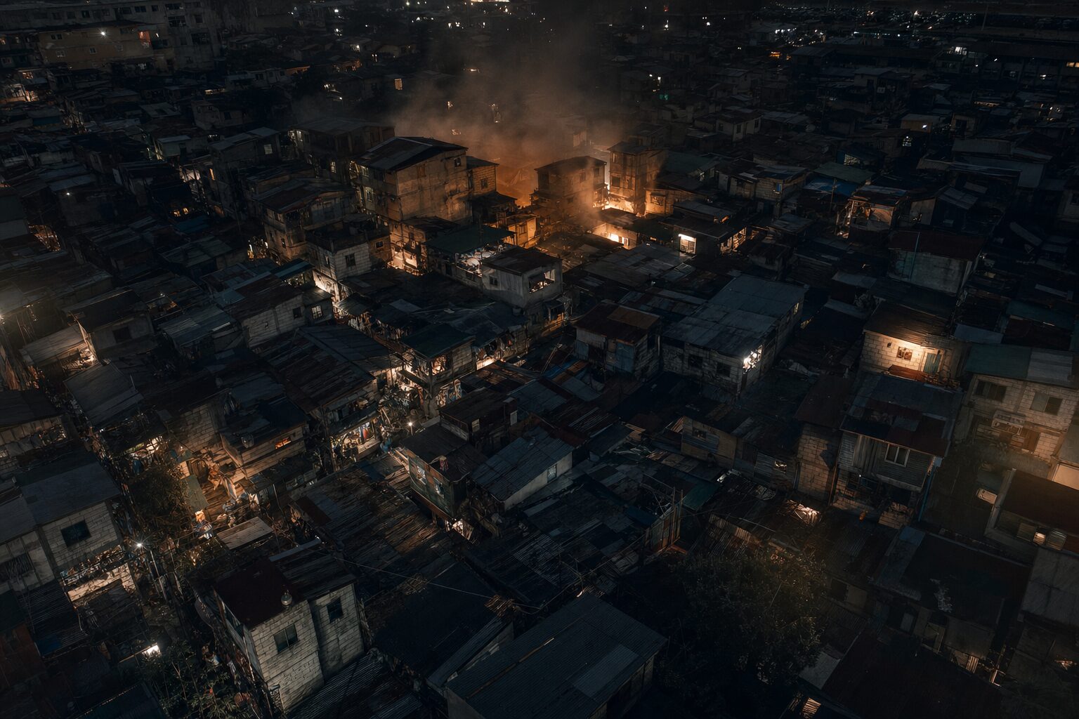 Dense informal settlement at night