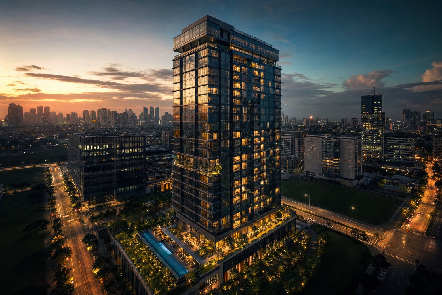 Aerial drone view of a Philippine property at golden hour